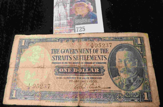 January 1, 1935 "The Government of the Straits Settlements" One Dollar. Bank note. Lion reverse.