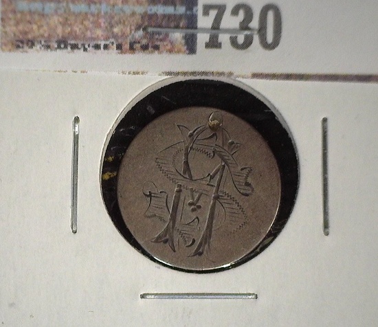"SM" engraved Monogram Silver Dime Love Token, either Seated Liberty or Barber design. Holed & repai