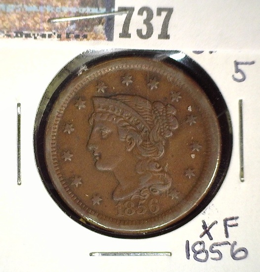 1856  N-21 Slanted Five Large Cent, Extra Fine.