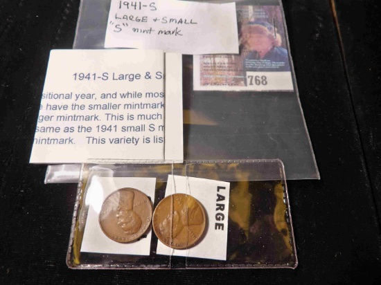 1941 S Large & Small "S" Mint marks Lincoln Cents, with literature.