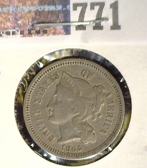 1865 Three Cent Nickel, VG, Light clash marks.