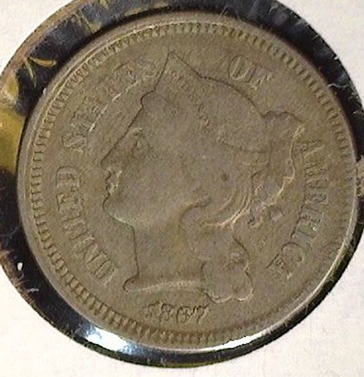 1867 Three Cent Nickel, VG.