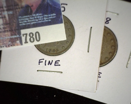 1905 & 1908 Liberty Head Nickels, Fine.