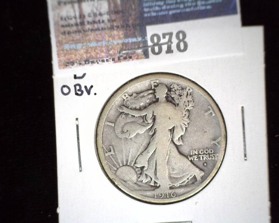 1916-D obverse D Walking Liberty Half Dollar, VG.