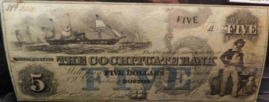 1853 $5 THE COCHITUATE BANK of Boston Banknote, VF.