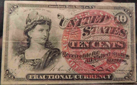 1869-75 10 CENT FRACTIONAL CURRENCY - Fourth Issue F#1259, VF.