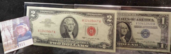 1957-B $1 SILVER CERT, F#1621, CU; & 1963-A $2 U.S. NOTE, F#1514, CU.