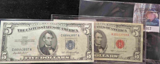Series 1953 $5 Silver Certificate, AU & Series 1963 Red Seal Five Dollar, U.S. Note.