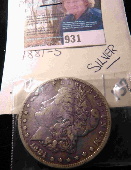 1881 S U.S. Morgan Silver Dollar, carded.