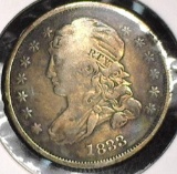 1833 U.S. Capped Bust Dime, Fine, reverse dent makes a flat area on LIBERTY.