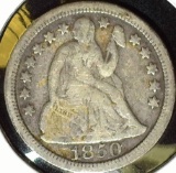 1850 Type 3, Stars obverse U.S. Seated Liberty Dime, Good.
