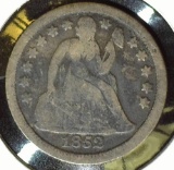 1852 P Type 3, Stars obverse U.S. Seated Liberty Dime,G+.