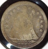 1853 Arrows at Date, Star obverse U.S. Seated Liberty Dime,G+.