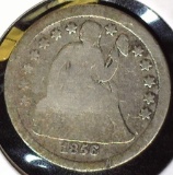 1856 Large Date Type 3, Stars obverse U.S. Seated Liberty Dime, Good.