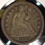 1858 Type 3, Stars obverse U.S. Seated Liberty Dime, VF with a couple tick marks.