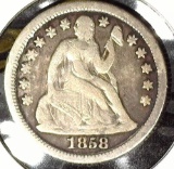1858 O Type 3, Stars obverse U.S. Seated Liberty Dime, VF