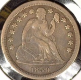 1859 Type 3, Stars obverse U.S. Seated Liberty Dime, VF.