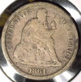 1861 P Civil War Date Type 5, Legend Obverse U.S. Seated Liberty Dime, VG.