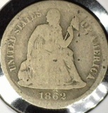 1862 S Civil War Date Type 5, Legend Obverse U.S. Seated Liberty Dime, Good, light obverse scratches