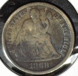1868 Type 5, Legend Obverse U.S. Seated Liberty Dime, Fine.