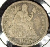 1869 Type 5, Legend Obverse U.S. Seated Liberty Dime, Fine.