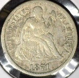 1871 S Type 5, Legend Obverse U.S. Seated Liberty Dime, Very Fine+.
