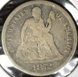 1872 S Mint mark below wreath Type 5, Legend Obverse U.S. Seated Liberty Dime, Very Good. 190,000 mt