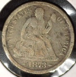 1873 S Type 6, Legend obverse, Arrows at Date U.S. Seated Liberty Dime, VG.