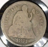 1874 S Type 6, Legend obverse, Arrows at Date U.S. Seated Liberty Dime, Good.