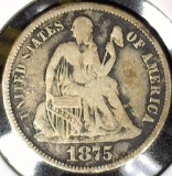 1875 CC Type 5, above bow, Legend obverse, U.S. Seated Liberty Dime, Fine.