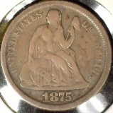 187S S Type 5, below bow, Legend obverse, U.S. Seated Liberty Dime, Very Good.