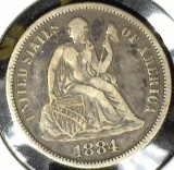 1884 S Type 5, Legend obverse, U.S. Seated Liberty Dime, Very Fine.