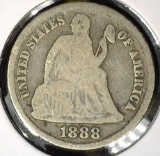 1888 S Type 5, Legend obverse, U.S. Seated Liberty Dime, VG.