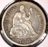 1888 S Type 5, Legend obverse, U.S. Seated Liberty Dime, VF.