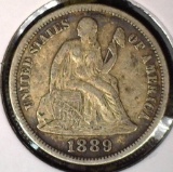 1889 Type 5, Legend obverse, U.S. Seated Liberty Dime, Extra Fine.