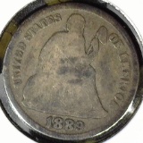 1889 S Type 5, Legend obverse, U.S. Seated Liberty Dime, VG.