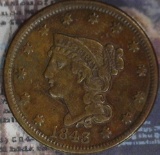 1843 U.S. Large Cent, Petite Head, small letters, VF-F.