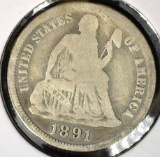 1891 O Type 5, Legend obverse, U.S. Seated Liberty Dime, Very Good.