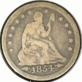 1854 Type 4, no motto, Arrows at Date U.S. Seated Liberty Quarter, VG.