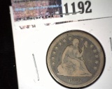 1859 Type 2, no motto U.S. Seated Liberty Quarter, Very Good.