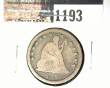 1861 Civil War Date Type 2, no motto U.S. Seated Liberty Quarter, Very Good.