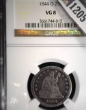 1844 O U.S. Seated Liberty Quarter, slabbed NGC VG8.
