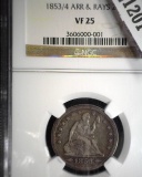 1853/4 P U.S. Seated Liberty Quarter, slabbed NGC Arrows & Rays VF25.