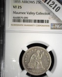 1855 P U.S. Seated Liberty Quarter, slabbed NGC Arrows VF25 Maumee Valley Collection.