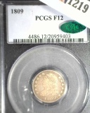 1809 Capped Bust Dime, slabbed PCGS F12 Green CAC.