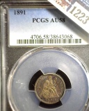 1891 U.S. Seated Liberty Dime, slabbed PCGS AU58.