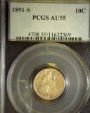 1891 S U.S. Seated Liberty Dime, slabbed PCGS AU55.