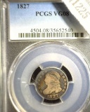1827 Capped Bust Dime, slabbed PCGS VG08.