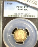 1829 Capped Bust Dime, slabbed PCGS F12 Small 10c.
