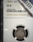 1858 S U.S. Seated Liberty Dime, slabbed NGC VG8.